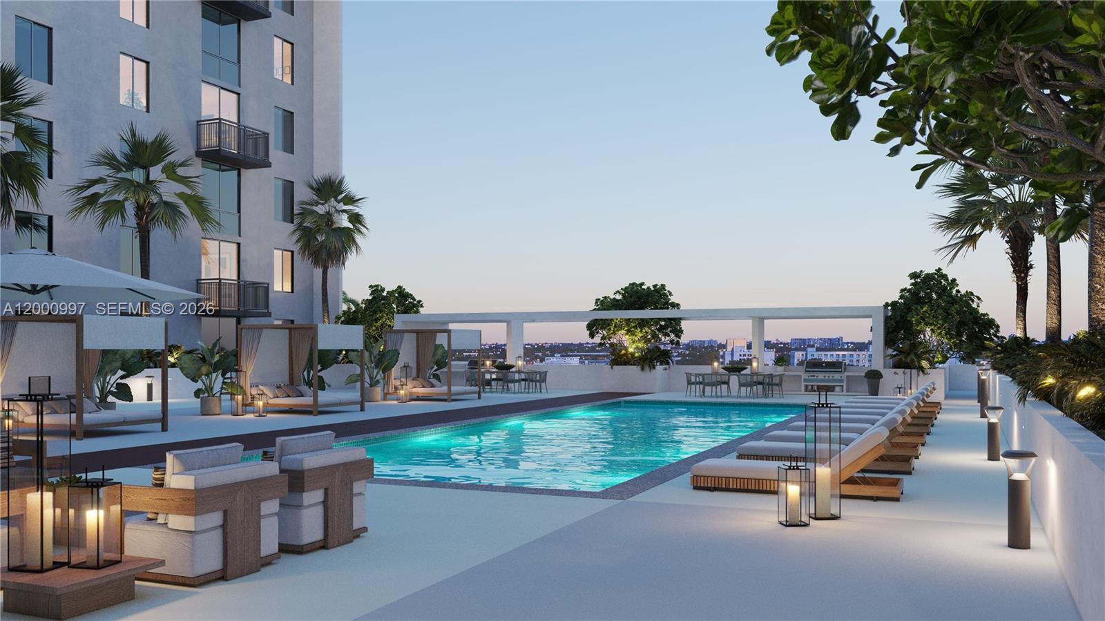 This architectural rendering shows a rooftop swimming pool area with lounge chairs and cabanas — 315 NW 27th Ave # 504, Miami FL 33125, MIAMI, FL
