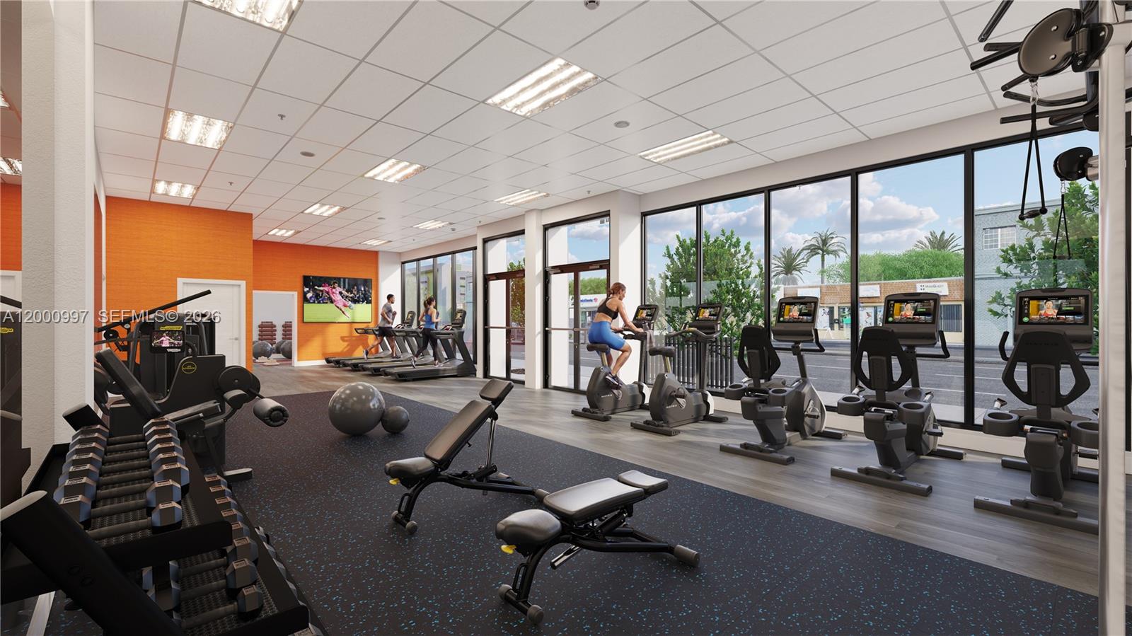 This rendering shows a modern gym with exercise equipment, weight benches, and floor-to-ceiling windows — 315 NW 27th Ave # 504, Miami FL 33125, MIAMI, FL