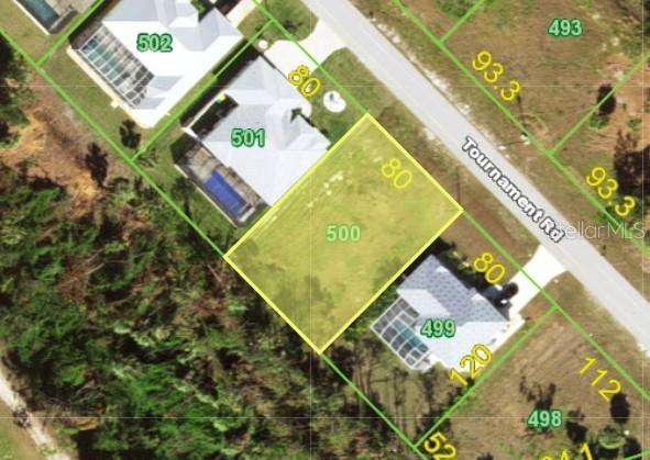 This is an aerial map view showing a vacant residential lot highlighted in yellow — 8 TOURNAMENT ROAD, ROTONDA WEST, FL