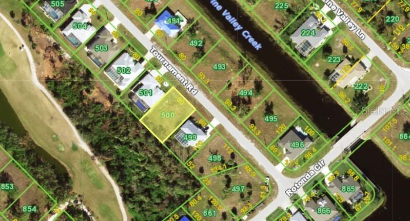 This is an aerial map showing residential property lots along Tournament Road and Rotonda Circle — 8 TOURNAMENT ROAD, ROTONDA WEST, FL