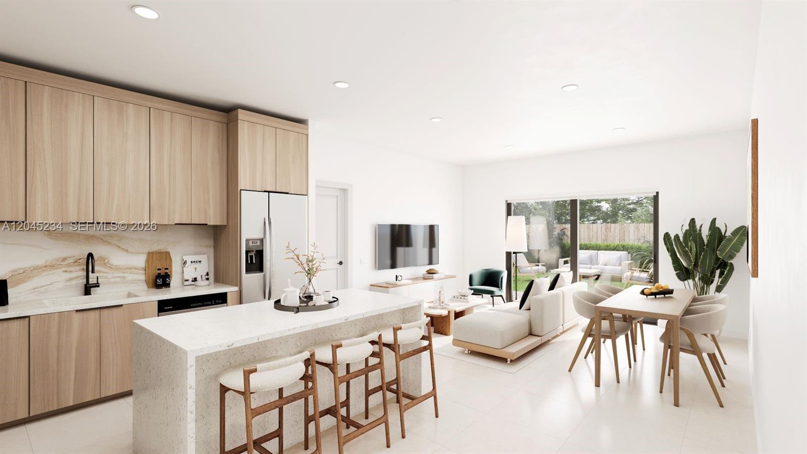 This rendering shows an open-concept kitchen, dining, and living area with light wood cabinetry — 136 NW 164 St, Miami FL 33169, MIAMI, FL
