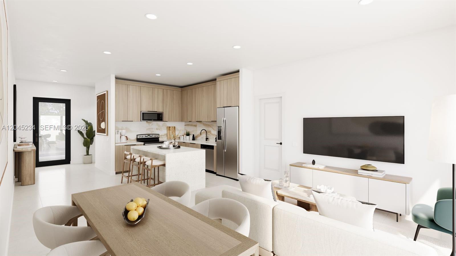This rendering shows an open-concept living area with a modern kitchen and dining space — 136 NW 164 St, Miami FL 33169, MIAMI, FL
