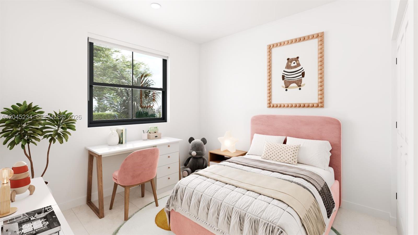 This rendering shows a child's bedroom featuring a pink bed, a desk, and a window — 136 NW 164 St, Miami FL 33169, MIAMI, FL