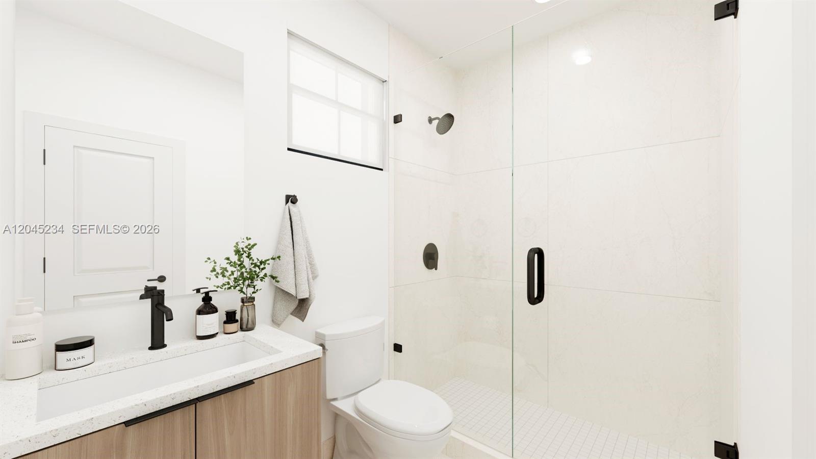This is a rendering of a modern bathroom featuring a glass-enclosed shower and vanity — 136 NW 164 St, Miami FL 33169, MIAMI, FL