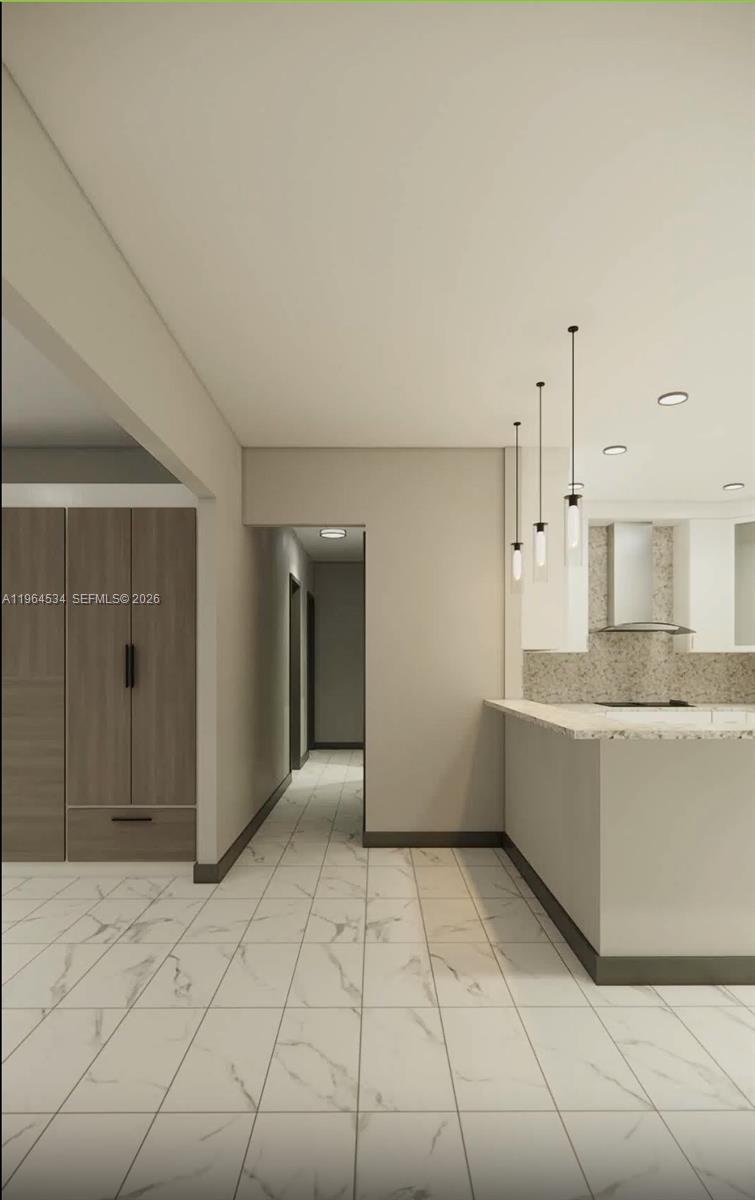 This is a digital rendering of a modern kitchen and hallway with marble-look tile flooring — 630 N 66th Ave, Hollywood FL 33024, HOLLYWOOD, FL