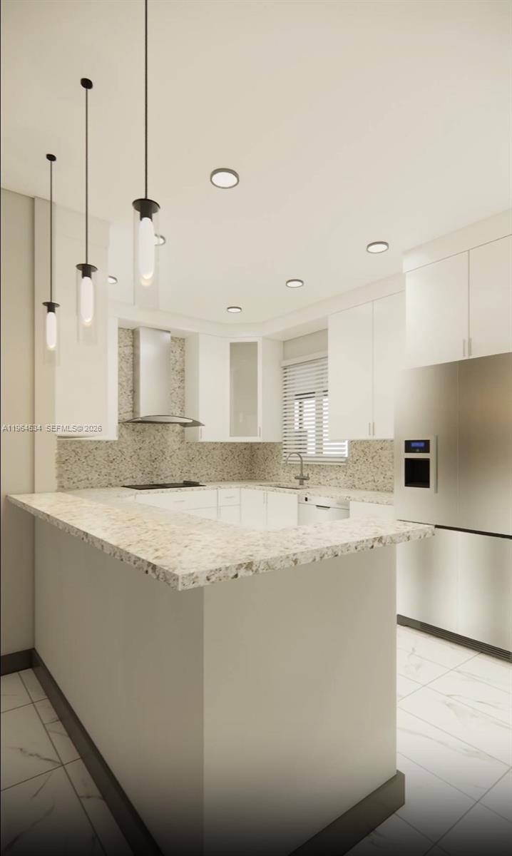 This is a rendering of a modern kitchen featuring white cabinets and speckled stone countertops — 630 N 66th Ave, Hollywood FL 33024, HOLLYWOOD, FL