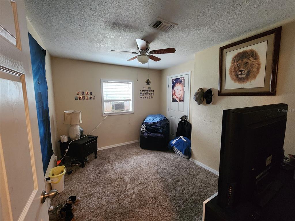 A bedroom with carpeted flooring, a ceiling fan, a window unit, and a lion portrait — 1710 MINNIE STREET, COCOA, FL