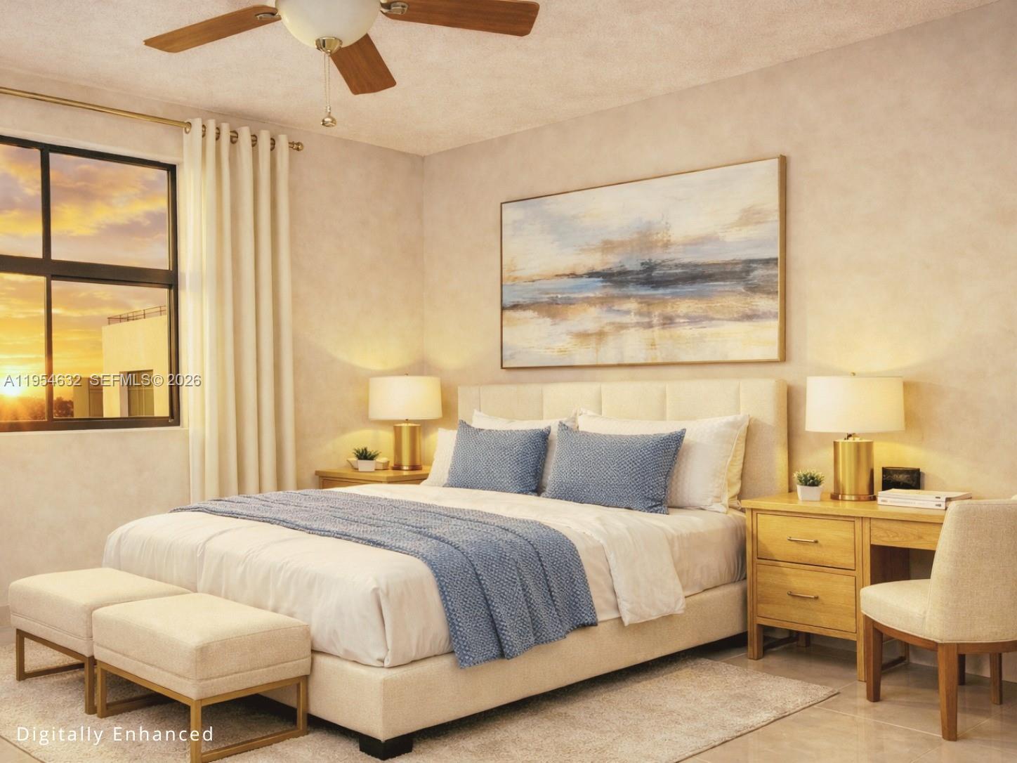 This digitally enhanced bedroom features a bed, two nightstands, a desk, and a window view — 104 SW 9th St # 1101, Miami FL 33130, MIAMI, FL