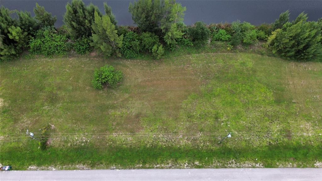 An aerial view shows a grassy, rectangular vacant lot bordered by trees and a road — 426 NE 20TH STREET, CAPE CORAL, FL