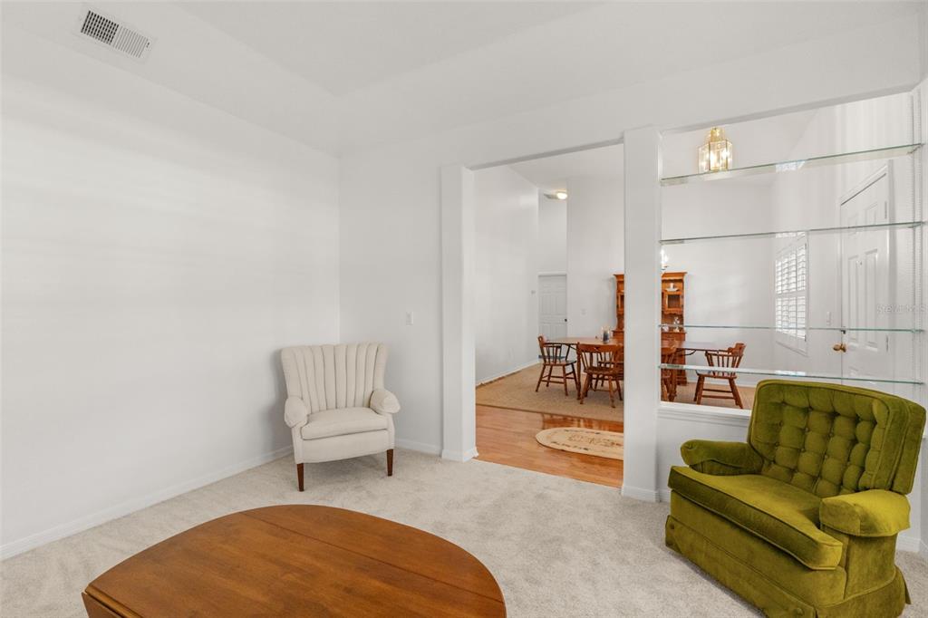 A living area with carpeted floors, two armchairs, and a glass-shelved partition wall — 1610 BEULAH ROAD, WINTER GARDEN, FL