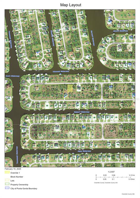 This is a map layout showing residential lots and waterways in a neighborhood — 15587 VISCOUNT CIRCLE, PORT CHARLOTTE, FL