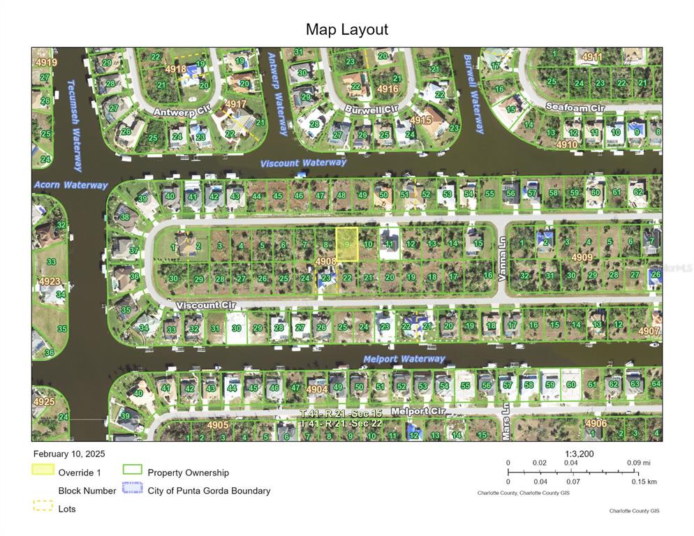 This is a map showing the layout of residential lots and waterways in a neighborhood — 15587 VISCOUNT CIRCLE, PORT CHARLOTTE, FL