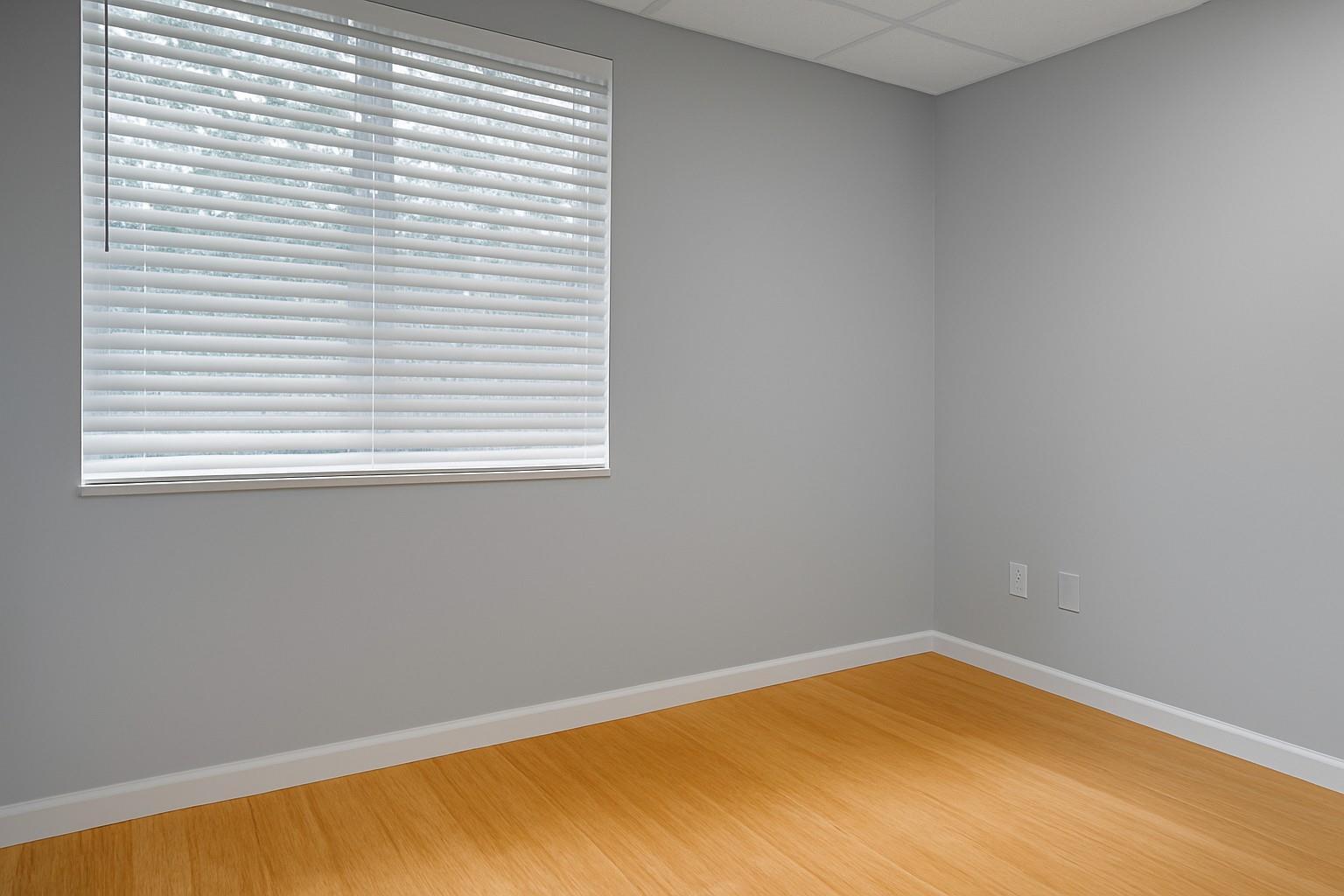 An empty room with gray walls, light wood flooring, and a window with white blinds — 5595 Orange Drive # 201, Davie FL 33314, DAVIE, FL