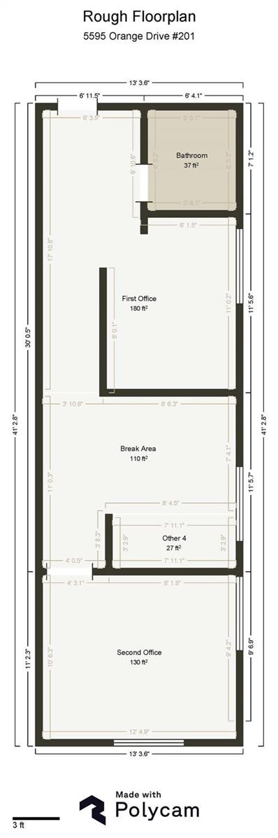 This is a floor plan for a commercial space featuring two offices, a break area, and bathroom — 5595 Orange Drive # 201, Davie FL 33314, DAVIE, FL