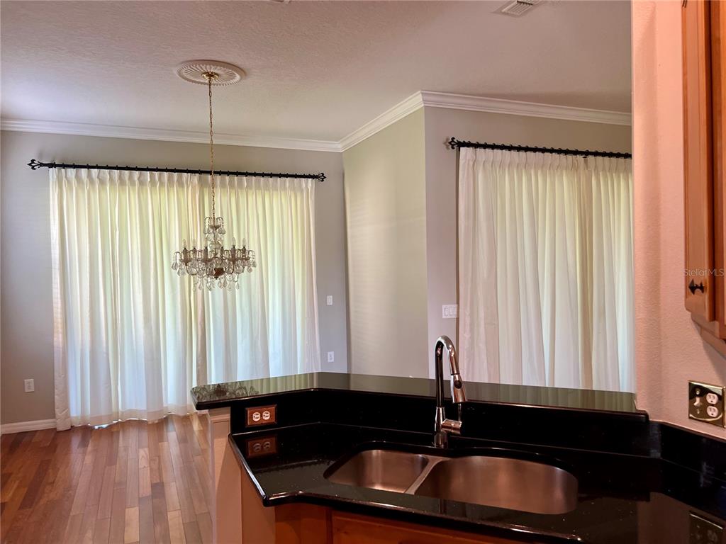 A kitchen sink with black countertops overlooks a dining area featuring a crystal chandelier — 119 FALLING ACORN AVENUE, GROVELAND, FL