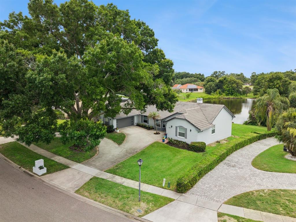 An aerial view of a single-story house with a large tree and a paved driveway — 8606 LOST COVE DRIVE, ORLANDO, FL