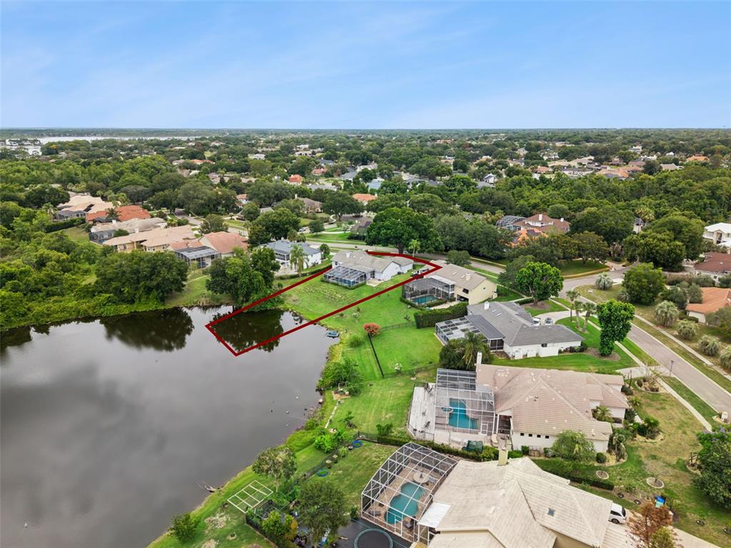 An aerial view shows a residential property with a red outline extending into a lake — 8606 LOST COVE DRIVE, ORLANDO, FL