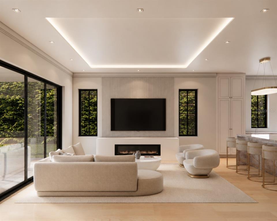 This rendering shows a modern living room with a fireplace, television, and neutral furniture — 1442 W YALE STREET, ORLANDO, FL