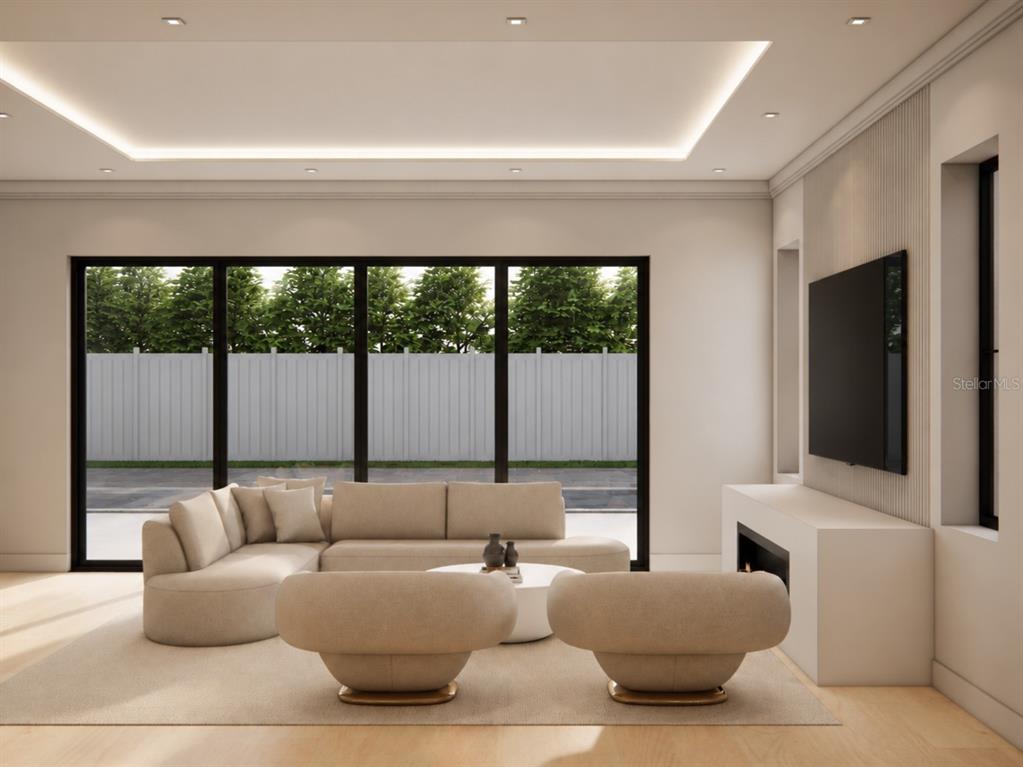 This rendering shows a modern living room with a sectional sofa, two chairs, and fireplace — 1442 W YALE STREET, ORLANDO, FL