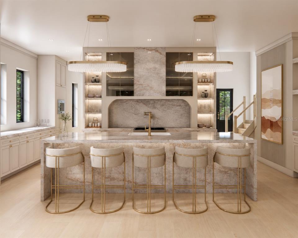This rendering shows a modern kitchen with a large stone island, gold accents, and stools — 1442 W YALE STREET, ORLANDO, FL
