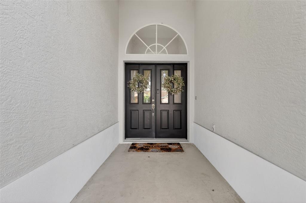 A covered entryway features a dark double door with glass panels and a welcome mat — 9041 LAUREL RIDGE DRIVE, MOUNT DORA, FL