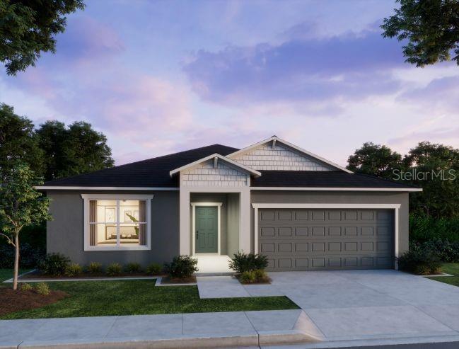 A digital rendering of a single-story suburban house with a gray exterior and two-car garage — 25290 PUERTA DRIVE, PUNTA GORDA, FL