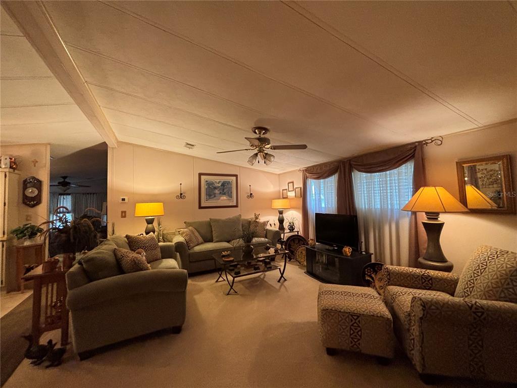 A living room features a ceiling fan, beige carpet, two sofas, and a patterned armchair — 3833 OLAX COURT, ZELLWOOD, FL
