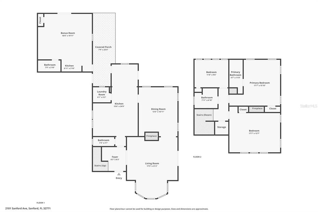 This is a two-story floor plan showing the layout of rooms, stairs, and fireplaces — 2101 SANFORD AVENUE, SANFORD, FL