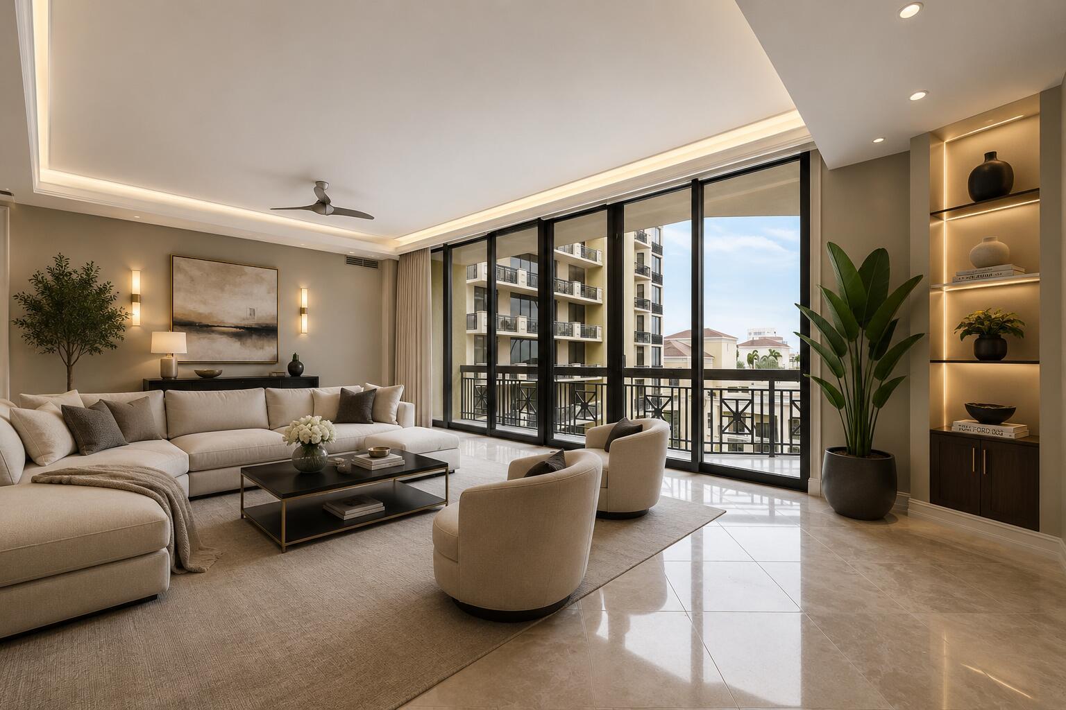 A modern living room features a large sectional sofa, two armchairs, and floor-to-ceiling windows — 701 S Olive Avenue # 1706, West Palm Beach FL 33401, WEST PALM BEACH, FL