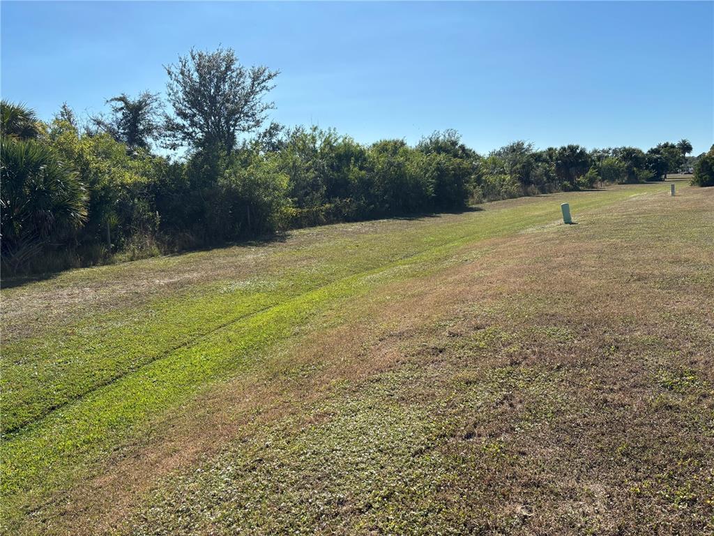 A grassy, sloped lot features a line of trees and shrubs along the back edge — 7466 SILAGE CIR, PORT CHARLOTTE, FL