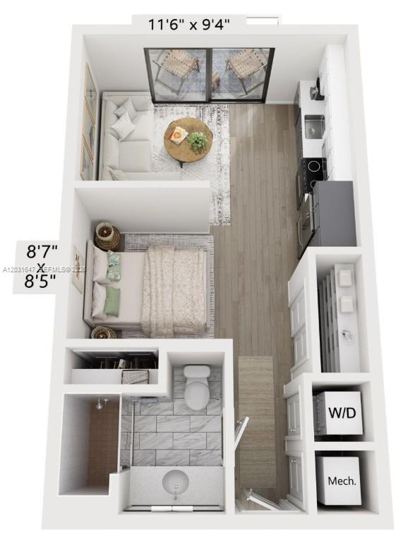 This is a 3D floor plan rendering of a studio apartment with a kitchen and bathroom — 19401 W Dixie Hwy # 313, Miami FL 33180, MIAMI, FL