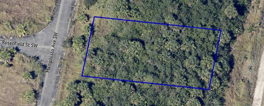 An aerial view shows a rectangular plot of land outlined in blue near a paved road — 2755 MAPHISTO AVENUE SW, PALM BAY, FL