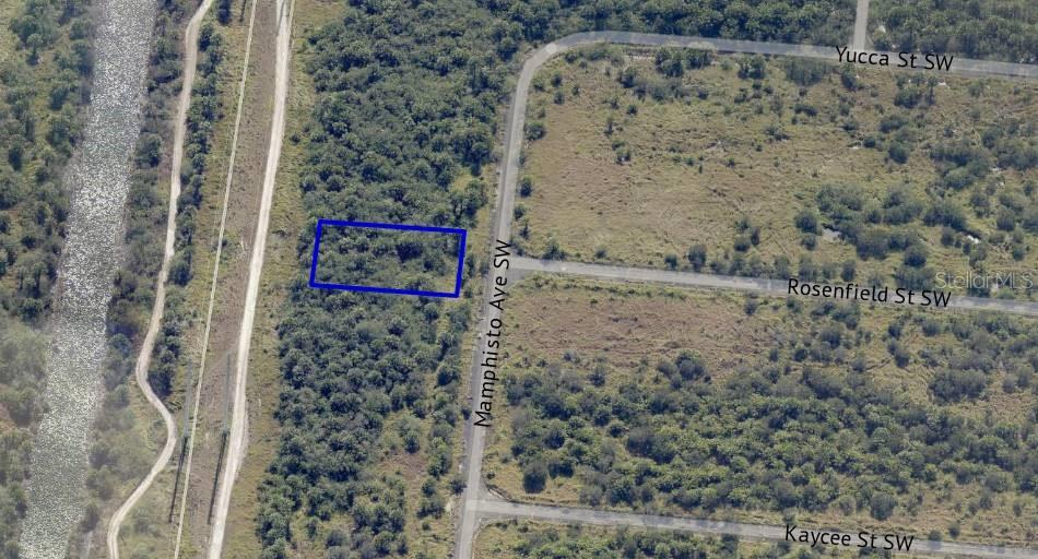 This aerial map shows a rectangular plot of land highlighted in blue near a road — 2755 MAPHISTO AVENUE SW, PALM BAY, FL