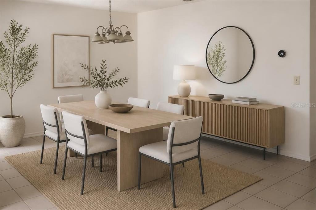 A dining room features a light wood table, upholstered chairs, and a slatted sideboard — 2000 ROYAL BAY BOULEVARD UNIT 132, KISSIMMEE, FL