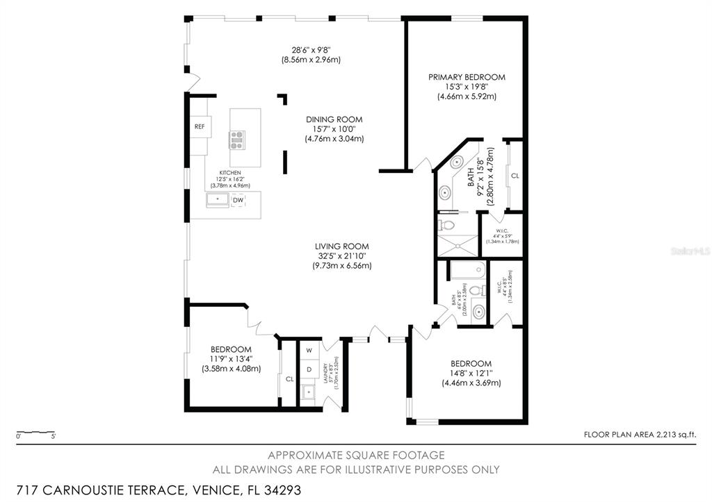 This is a floor plan for a three-bedroom residential unit with an open-concept living area — 717 CARNOUSTIE TERRACE UNIT 9, VENICE, FL