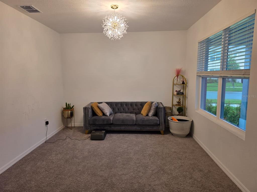 A carpeted room features a gray tufted sofa, a sputnik chandelier, and a large window — 35518 LOCKMAN WAY, ZEPHYRHILLS, FL