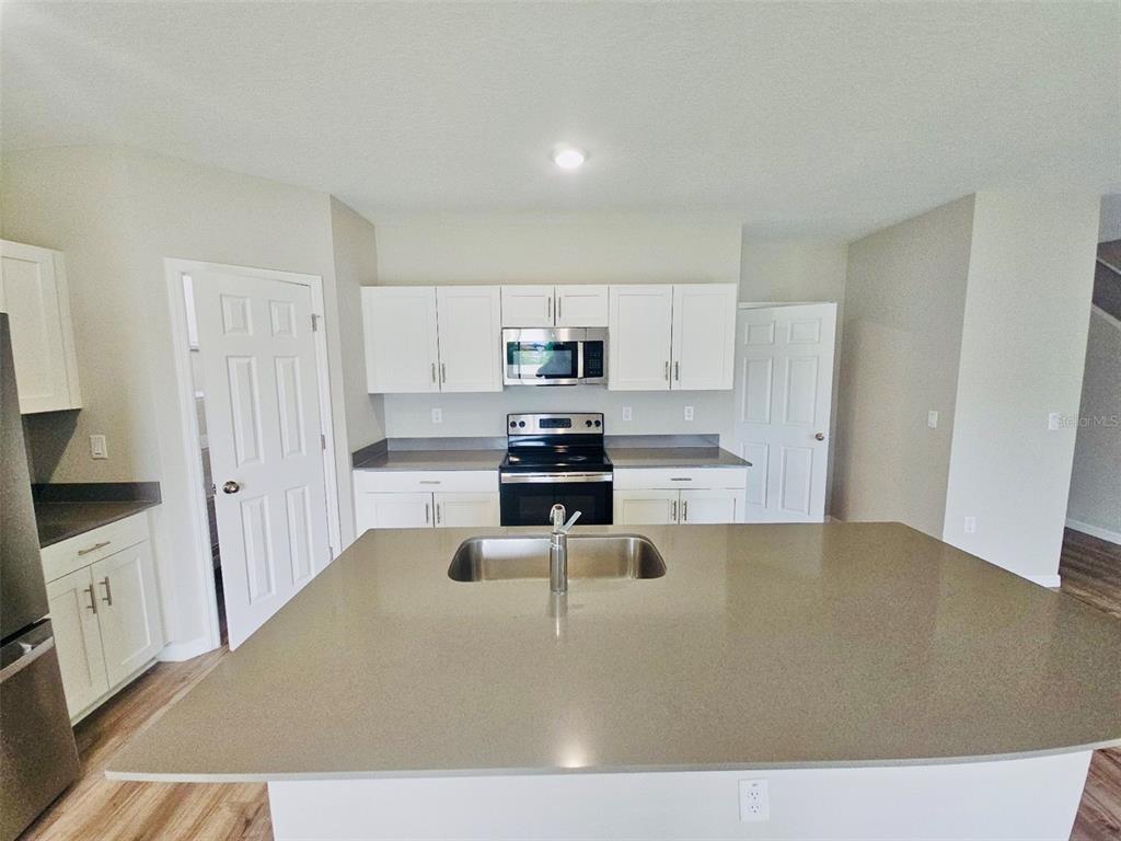 A kitchen features white cabinets, stainless steel appliances, and a large island with a sink — 34436 MOONFLOWER AVENUE, WESLEY CHAPEL, FL