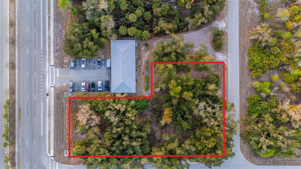An aerial view shows a rectangular, wooded plot of land outlined in red next to a building — 732 TAMIAMI TRAIL, PORT CHARLOTTE, FL