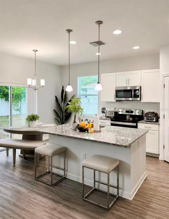 A kitchen features a granite-topped island, white cabinetry, stainless steel appliances, and a dining area — 3008 E SLIGH AVENUE, TAMPA, FL