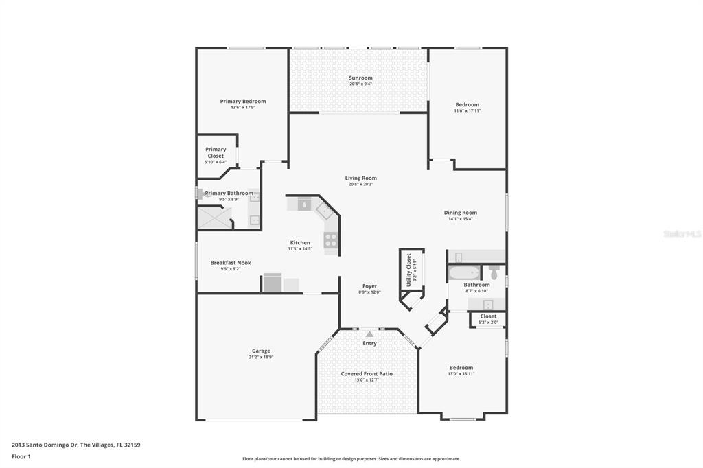This is a floor plan showing the layout of a single-story residential home — 2013 SANTO DOMINGO DRIVE, THE VILLAGES, FL