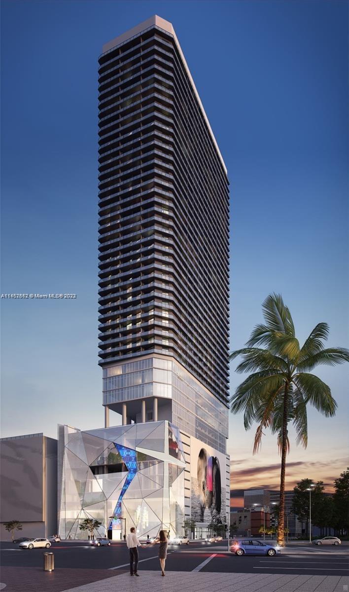This is a digital rendering of a modern high-rise residential tower with a glass podium — 398 NE 5th St # 1417, Miami FL 33132, MIAMI, FL