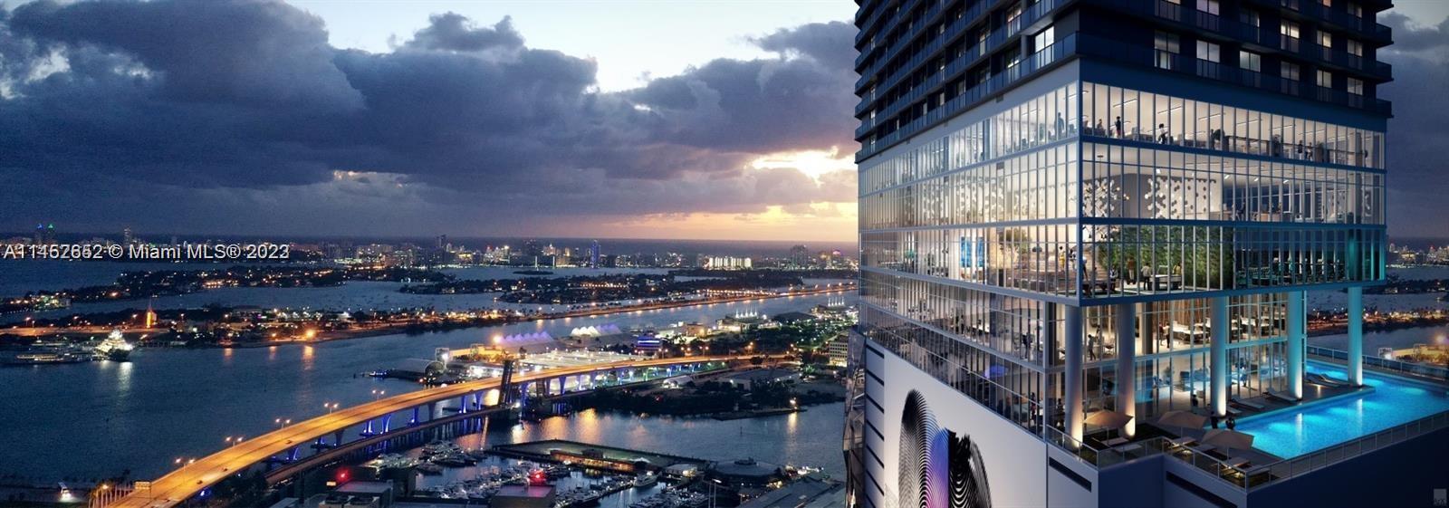 This architectural rendering shows a high-rise building with a pool deck overlooking a city skyline — 398 NE 5th St # 1417, Miami FL 33132, MIAMI, FL