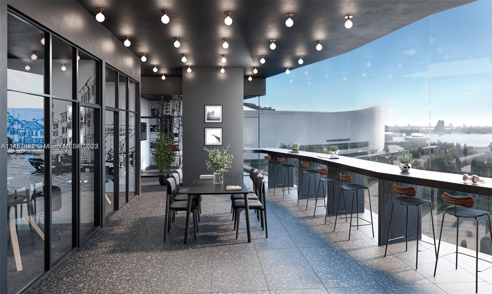 This rendering shows a modern outdoor terrace with a dining table, bar seating, and city views — 398 NE 5th St # 1417, Miami FL 33132, MIAMI, FL