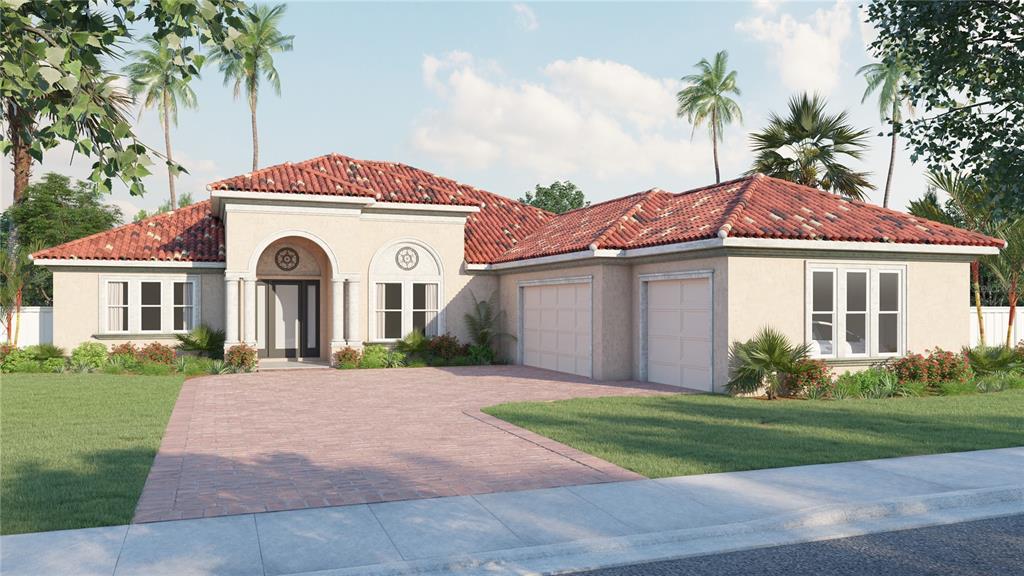 This is a digital rendering of a single-story Mediterranean-style house with a tile roof — 728 ESTATES BOULEVARD, TARPON SPRINGS, FL