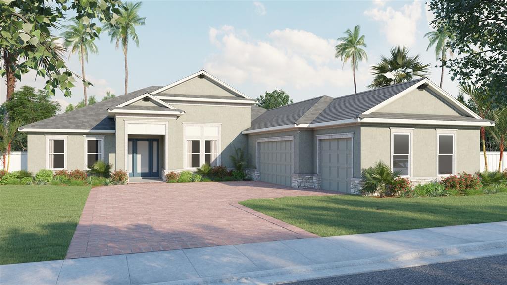 This is a digital rendering of a single-story suburban house with a three-car garage — 728 ESTATES BOULEVARD, TARPON SPRINGS, FL