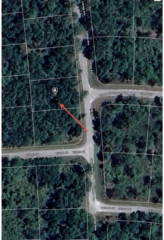 This is an aerial map showing a vacant lot highlighted by an arrow on Luenga Avenue — 5119 LUENGA AVENUE, SEBRING, FL