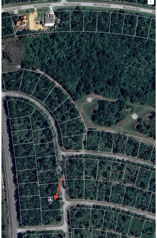 This is an aerial map showing a residential lot highlighted by an arrow — 5119 LUENGA AVENUE, SEBRING, FL
