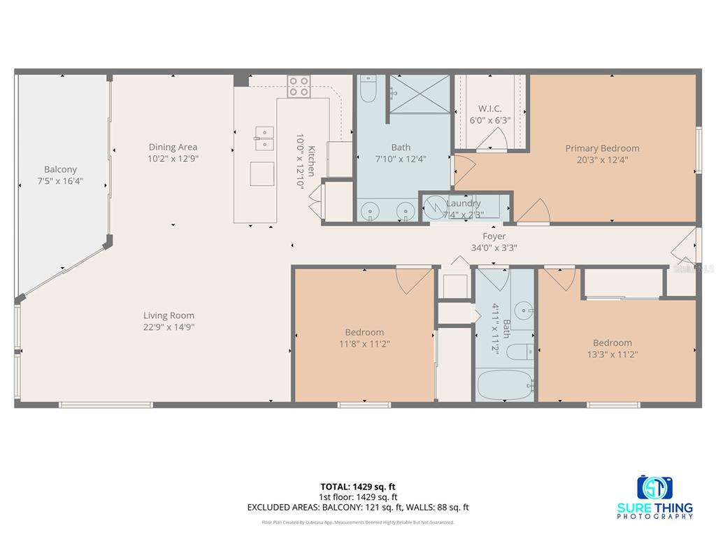 This is a floor plan for a three-bedroom, two-bathroom apartment with a balcony — 6727 TURTLEMOUND ROAD UNIT 315, NEW SMYRNA BEACH, FL