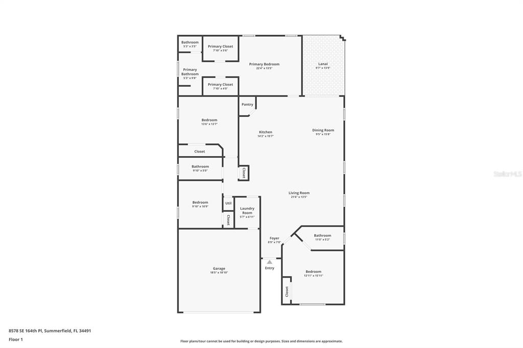 This is a floor plan of a single-story residential home with a garage and lanai — 8578 SE 164TH PLACE, SUMMERFIELD, FL