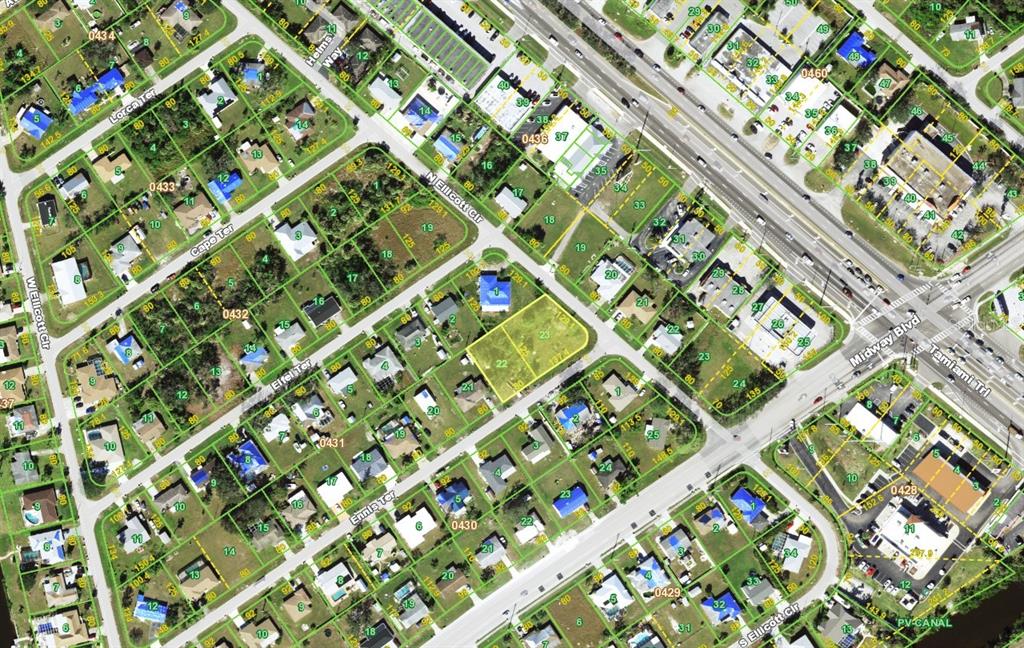 This is an aerial map showing residential lots and streets in a suburban neighborhood — 602 ENNIS TERRACE NW, PORT CHARLOTTE, FL
